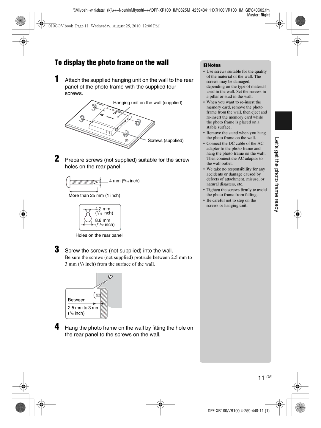 Sony DPF-VR100 To display the photo frame on the wall, 11 GB, Screw the screws not supplied into the wall, PNotes 