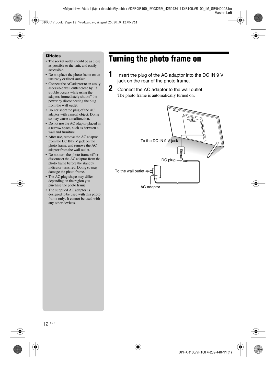 Sony DPF-XR100, DPF-VR100 operating instructions Turning the photo frame on, 12 GB 