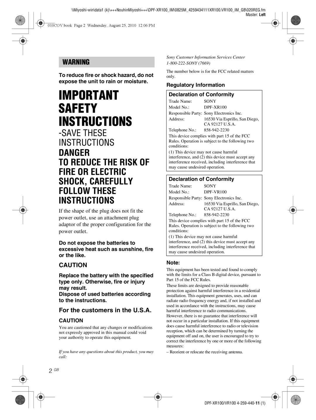 Sony DPF-XR100, DPF-VR100 For the customers in the U.S.A, Regulatory Information Declaration of Conformity 