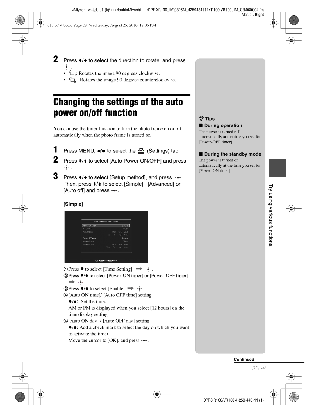 Sony DPF-VR100, DPF-XR100 operating instructions Changing the settings of the auto power on/off function, 23 GB 