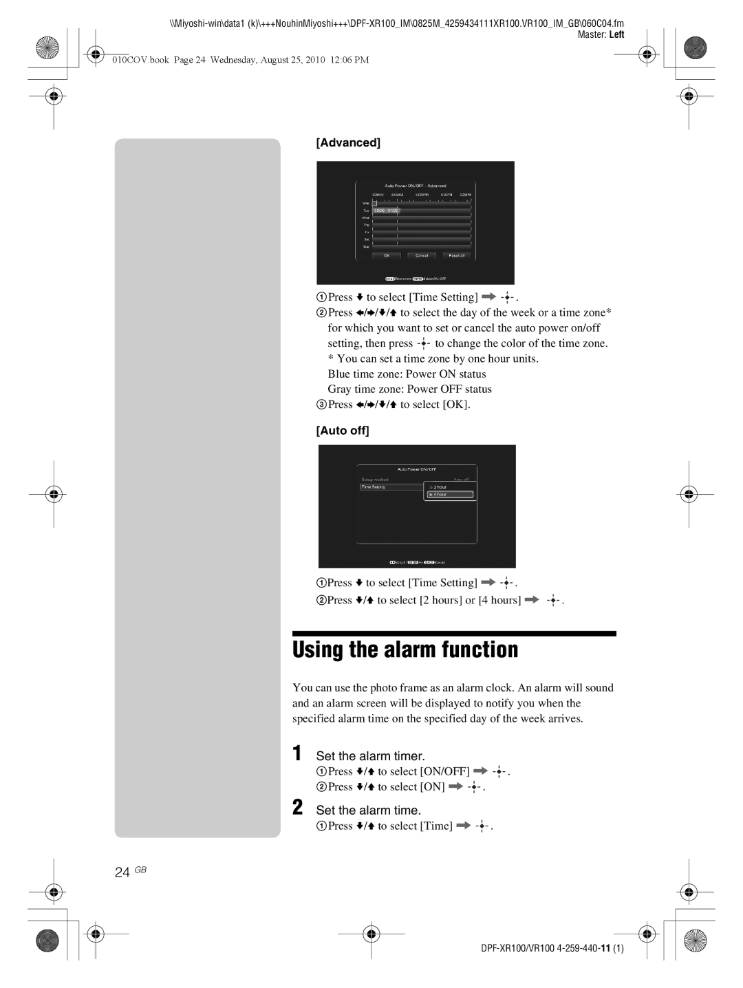 Sony DPF-XR100, DPF-VR100 operating instructions Using the alarm function, 24 GB, Set the alarm timer 