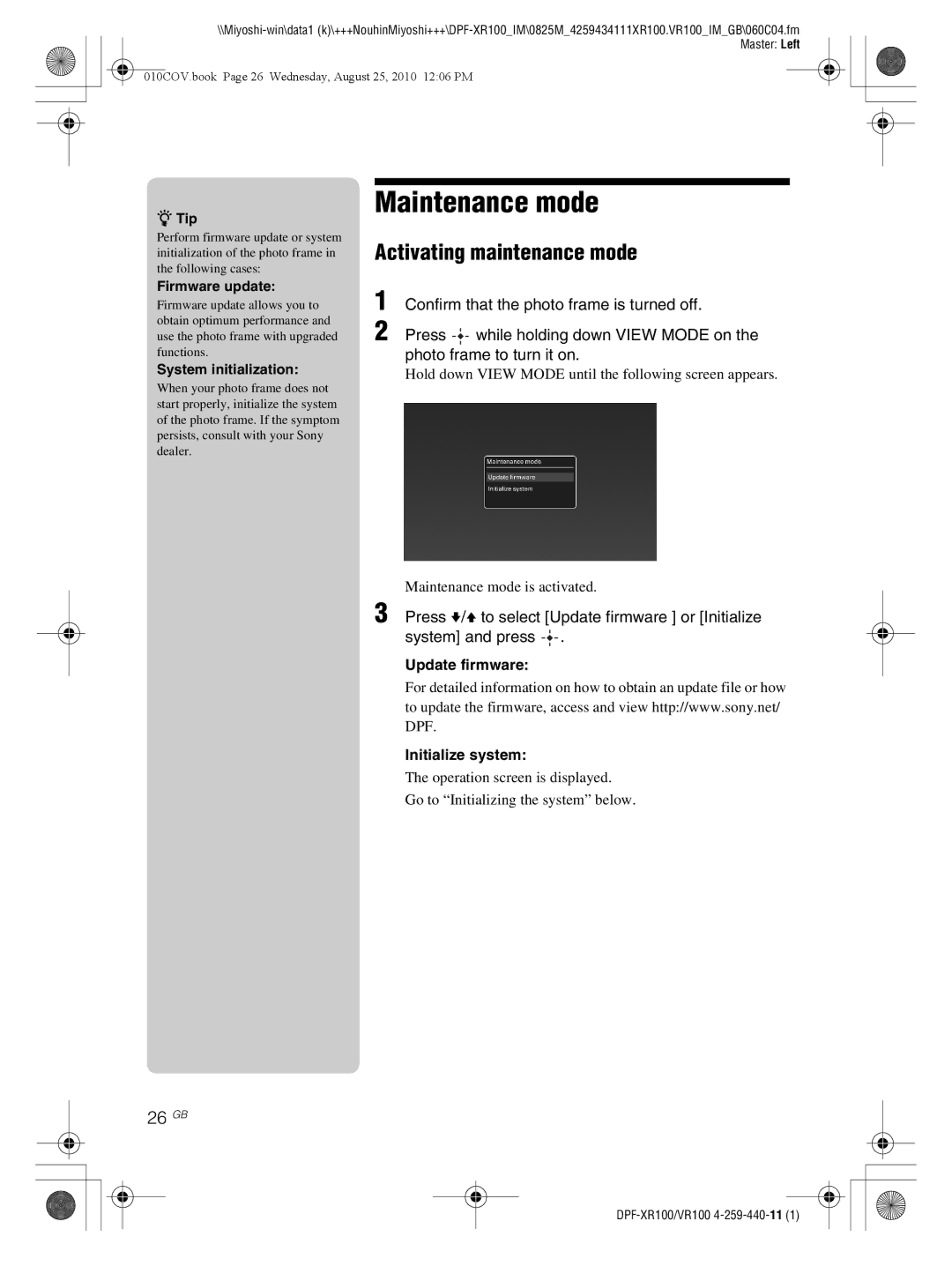 Sony DPF-XR100, DPF-VR100 operating instructions Maintenance mode, Activating maintenance mode, 26 GB 