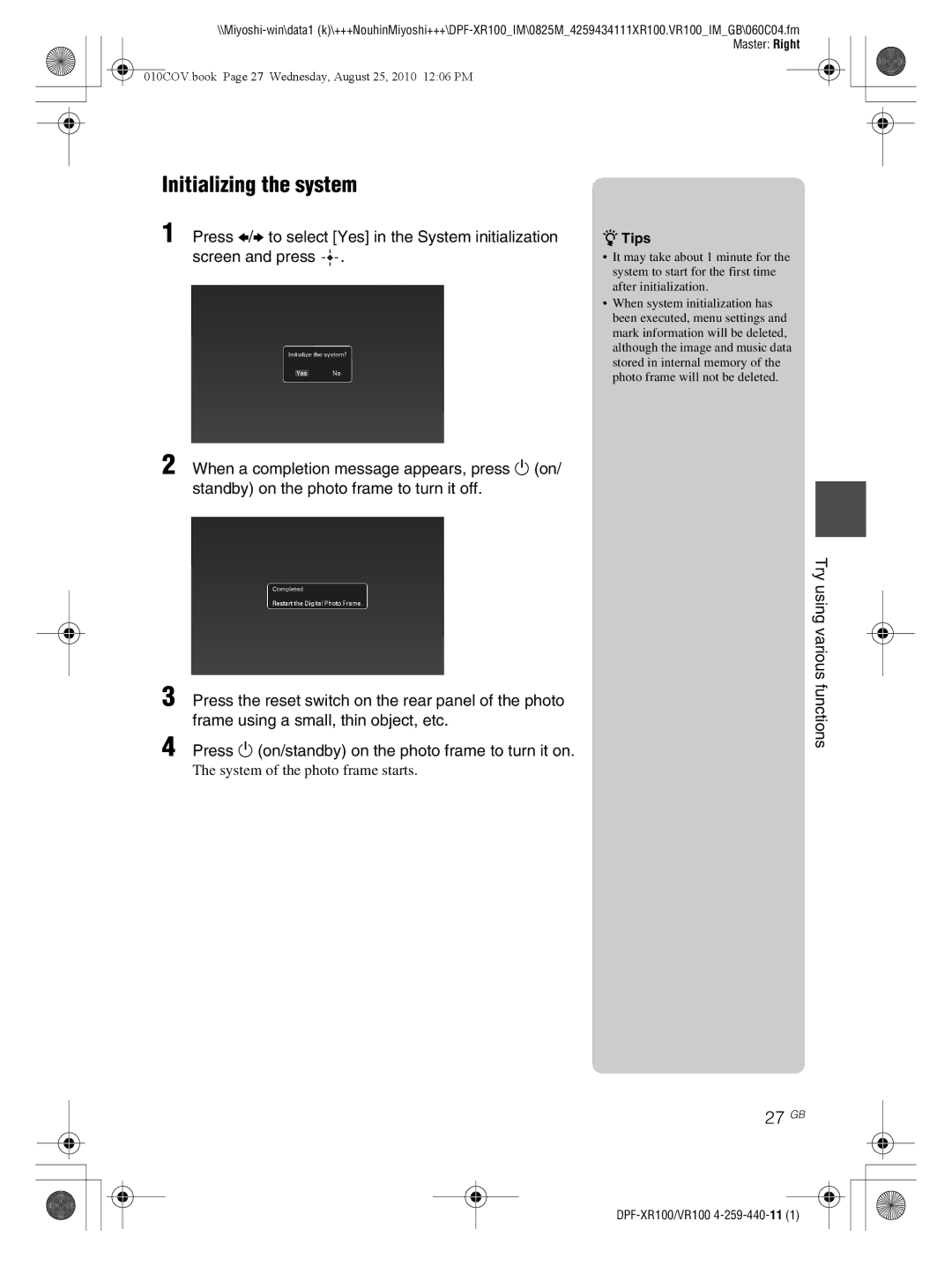 Sony DPF-VR100, DPF-XR100 operating instructions Initializing the system, 27 GB 