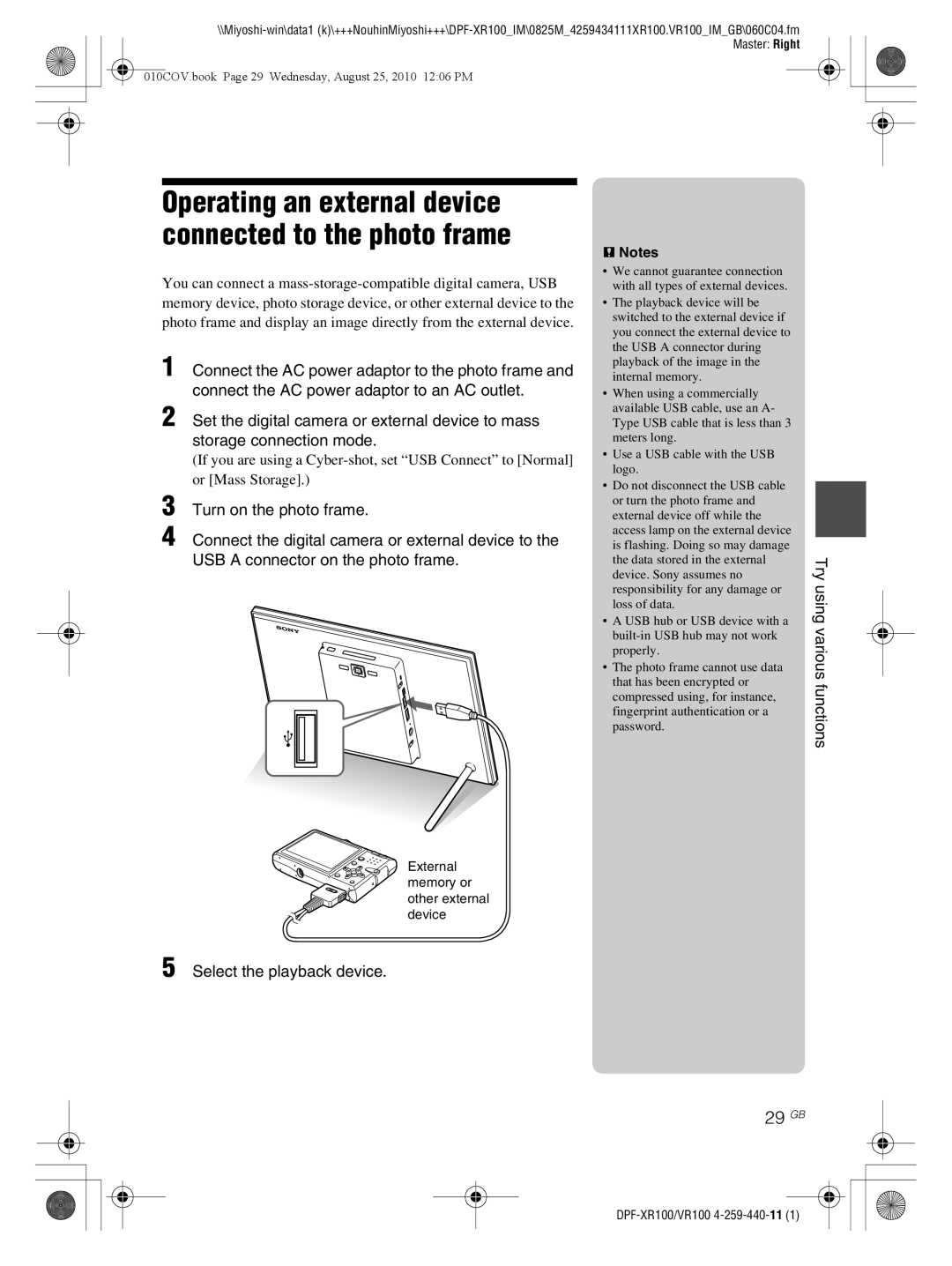 Sony DPF-VR100, DPF-XR100 operating instructions 29 GB, Try using various functions Select the playback device 