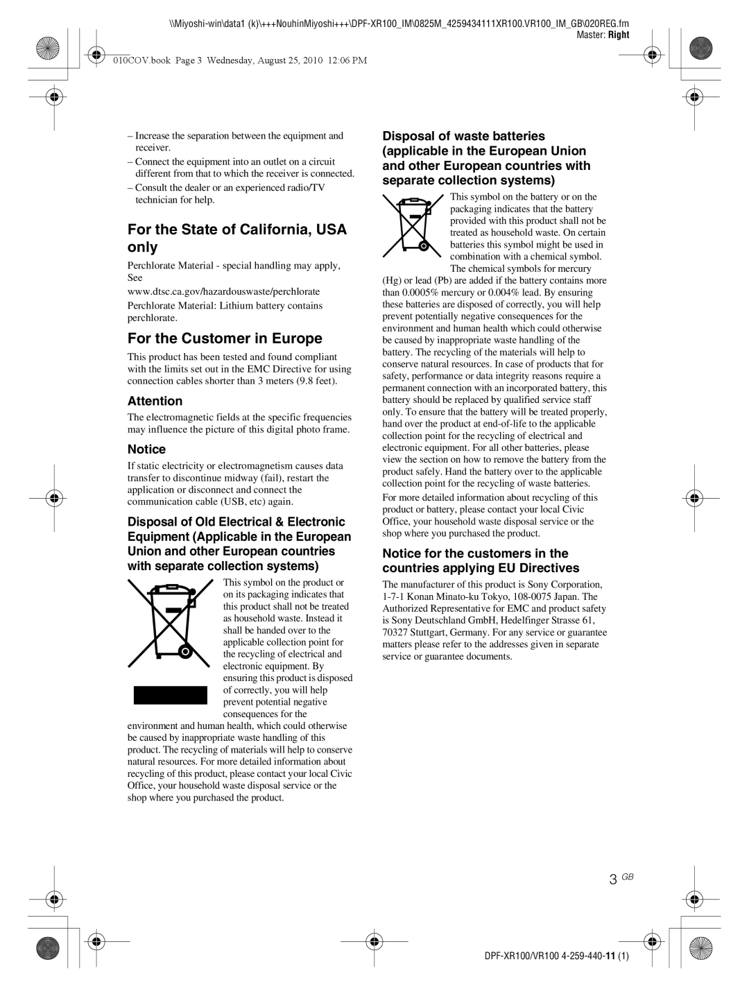 Sony DPF-VR100, DPF-XR100 operating instructions 010COV.book Page 3 Wednesday, August 25, 2010 1206 PM 