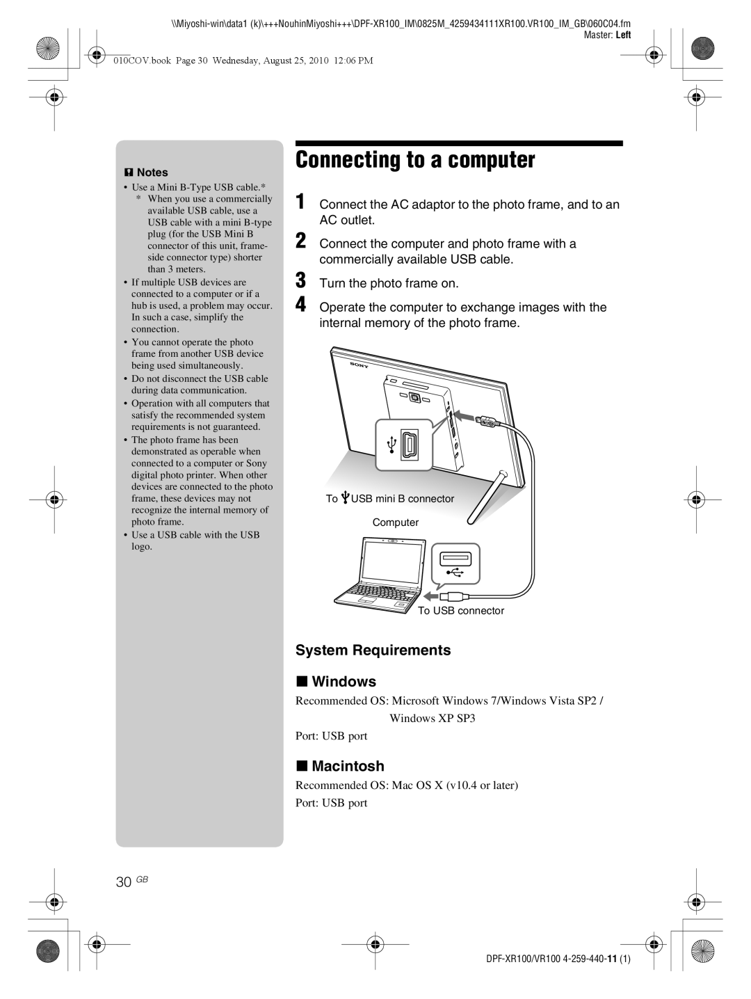 Sony DPF-XR100, DPF-VR100 operating instructions Connecting to a computer, System Requirements Windows, Macintosh, 30 GB 