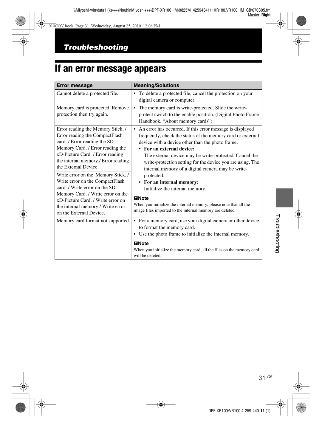 Sony DPF-VR100, DPF-XR100 If an error message appears, 31 GB, Troubleshooting, Error message Meaning/Solutions 