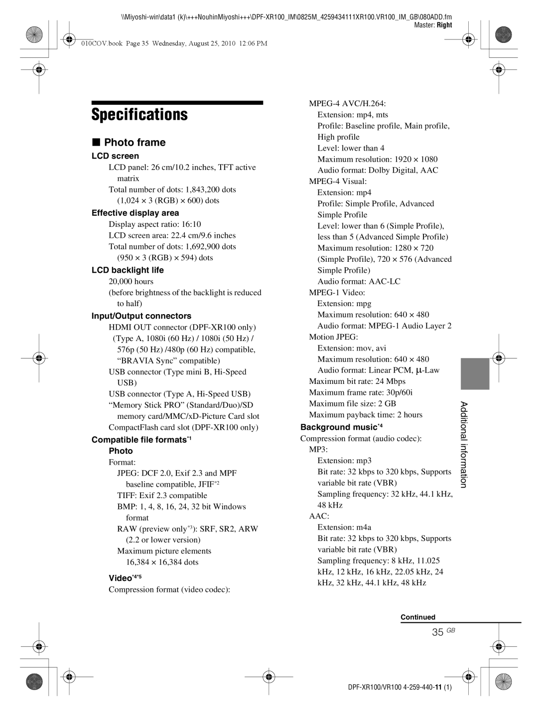 Sony DPF-VR100, DPF-XR100 operating instructions Specifications, Photo frame, 35 GB 