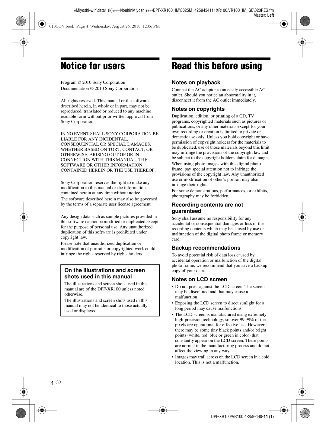 Sony DPF-XR100, DPF-VR100 Read this before using, On the illustrations and screen shots used in this manual 