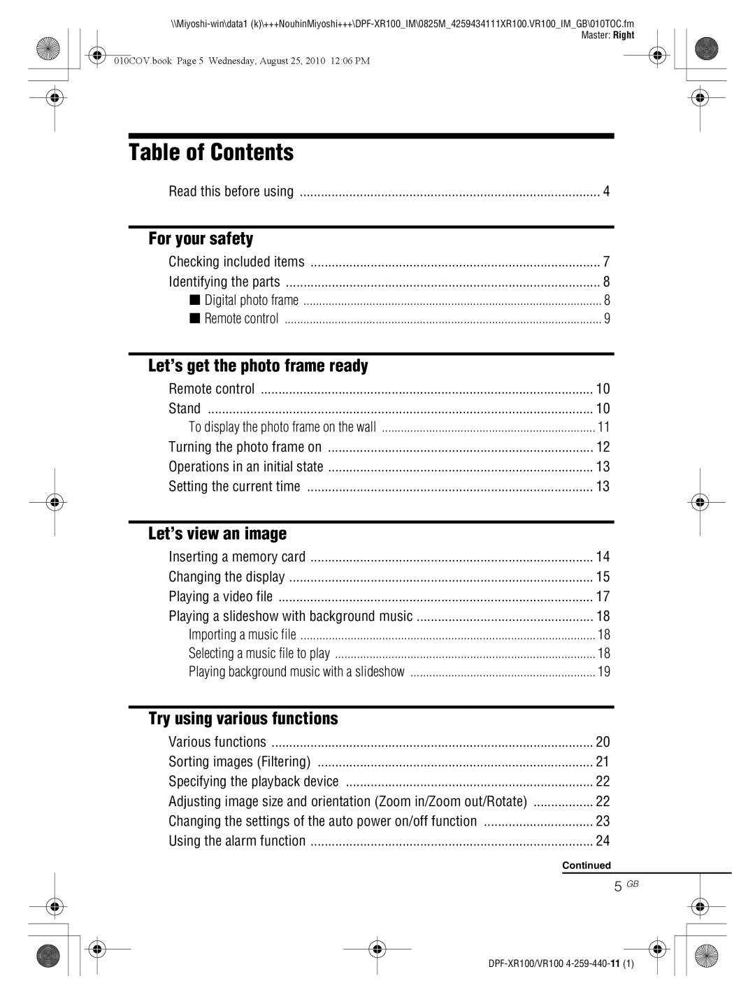 Sony DPF-VR100, DPF-XR100 operating instructions Table of Contents 