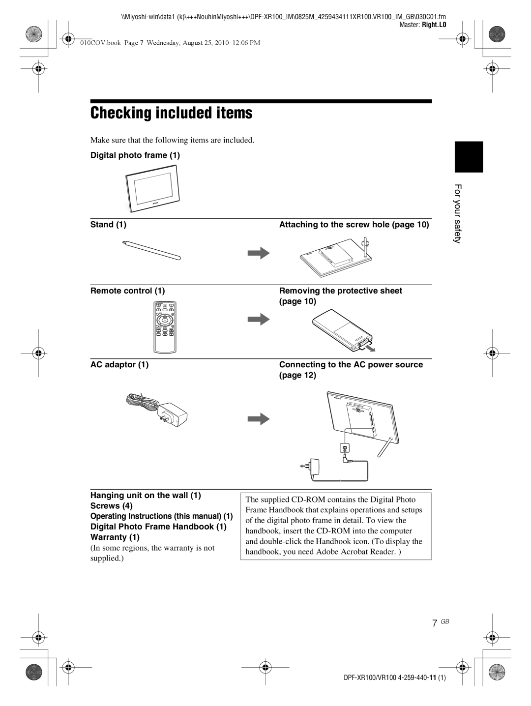 Sony DPF-VR100, DPF-XR100 operating instructions Checking included items, For your safety, Digital photo frame Stand 