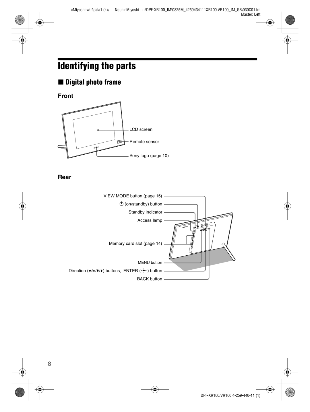 Sony DPF-XR100, DPF-VR100 operating instructions Identifying the parts, Digital photo frame, Front, Rear 