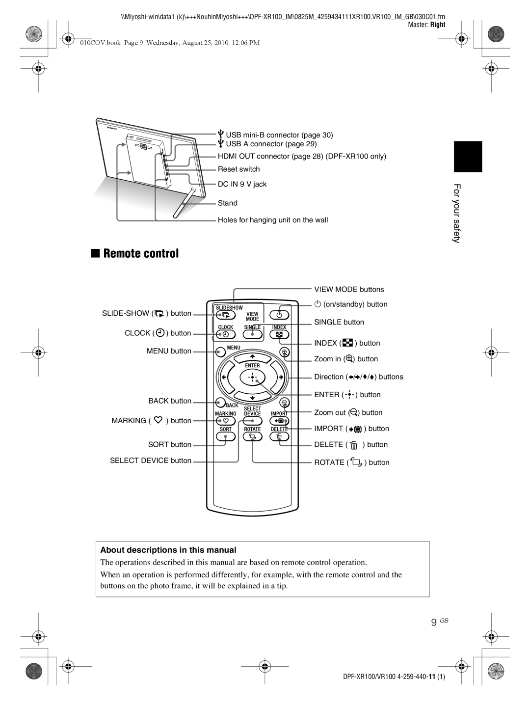 Sony DPF-VR100, DPF-XR100 operating instructions Remote control, About descriptions in this manual 