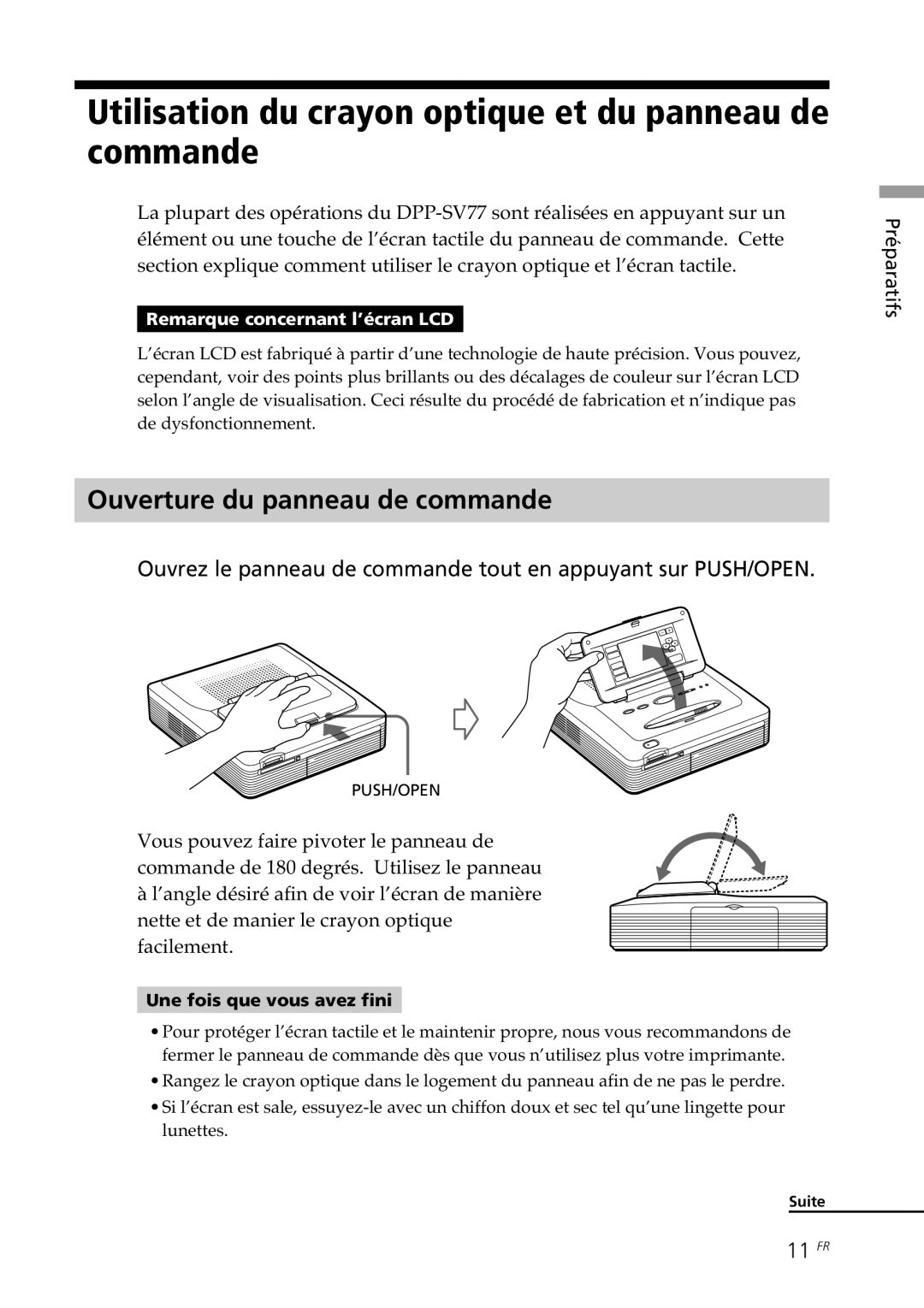 Sony DPP--SV77 Utilisation du crayon optique et du panneau de commande, Ouverture du panneau de commande, 11 FR 