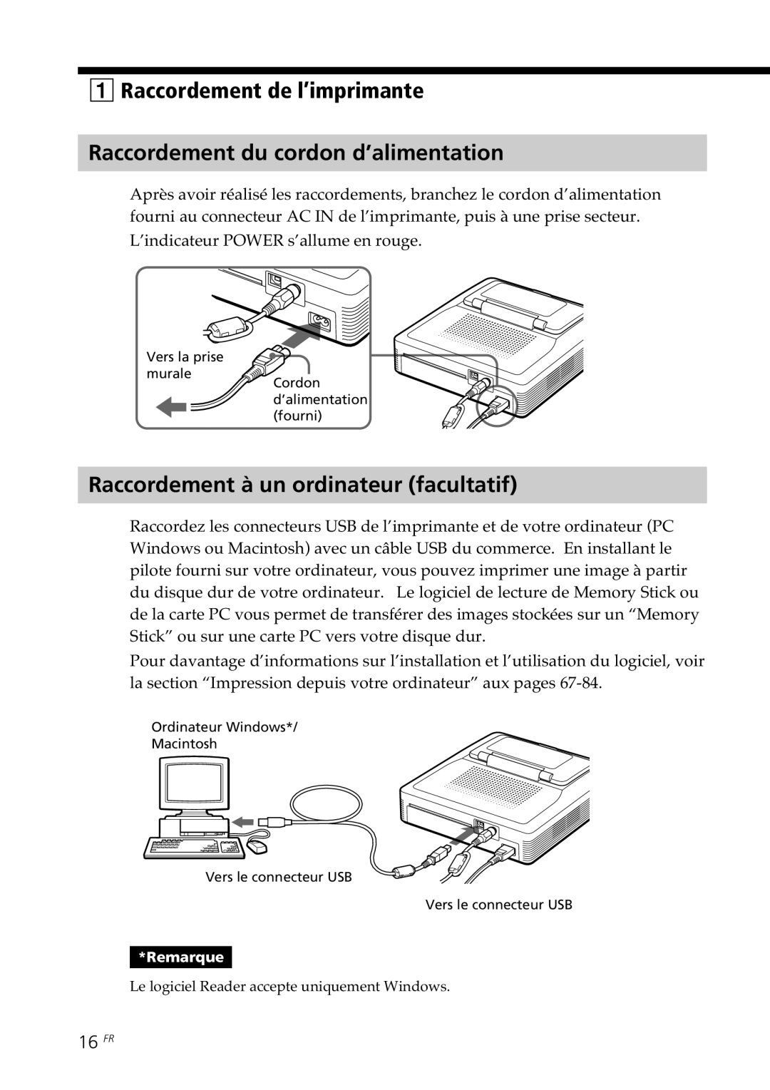 Sony DPP--SV77 operating instructions Raccordement à un ordinateur facultatif, 16 FR 