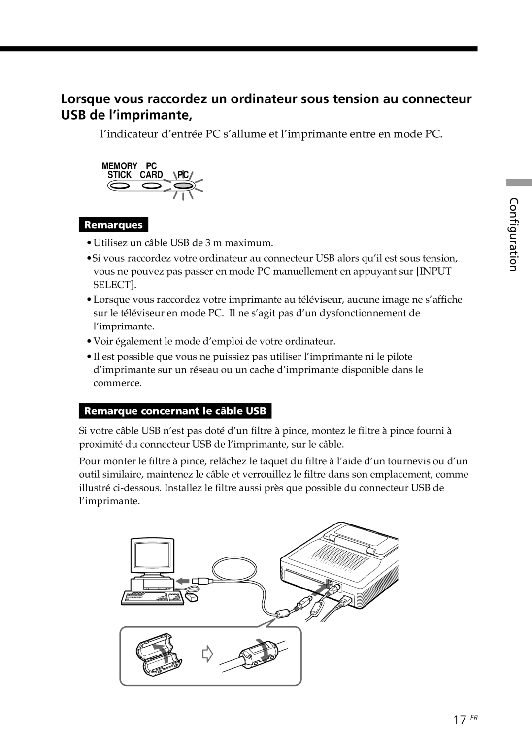 Sony DPP--SV77 operating instructions 17 FR, Remarque concernant le câble USB 