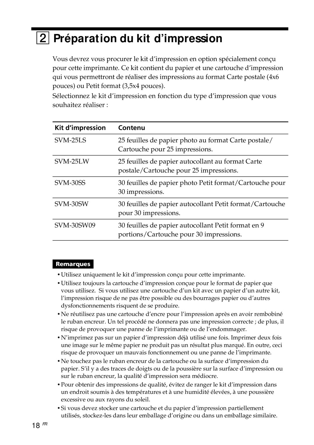 Sony DPP--SV77 operating instructions Préparation du kit d’impression, 18 FR, Kit d’impression Contenu 