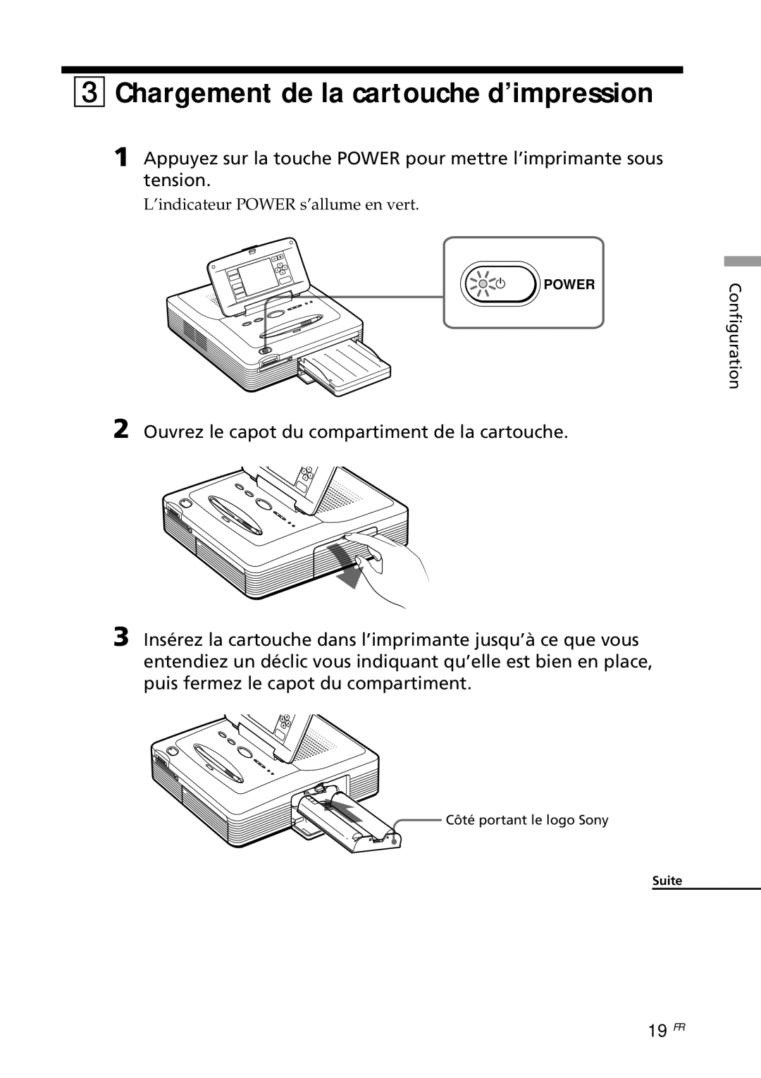 Sony DPP--SV77 Chargement de la cartouche d’impression, Ouvrez le capot du compartiment de la cartouche, 19 FR 