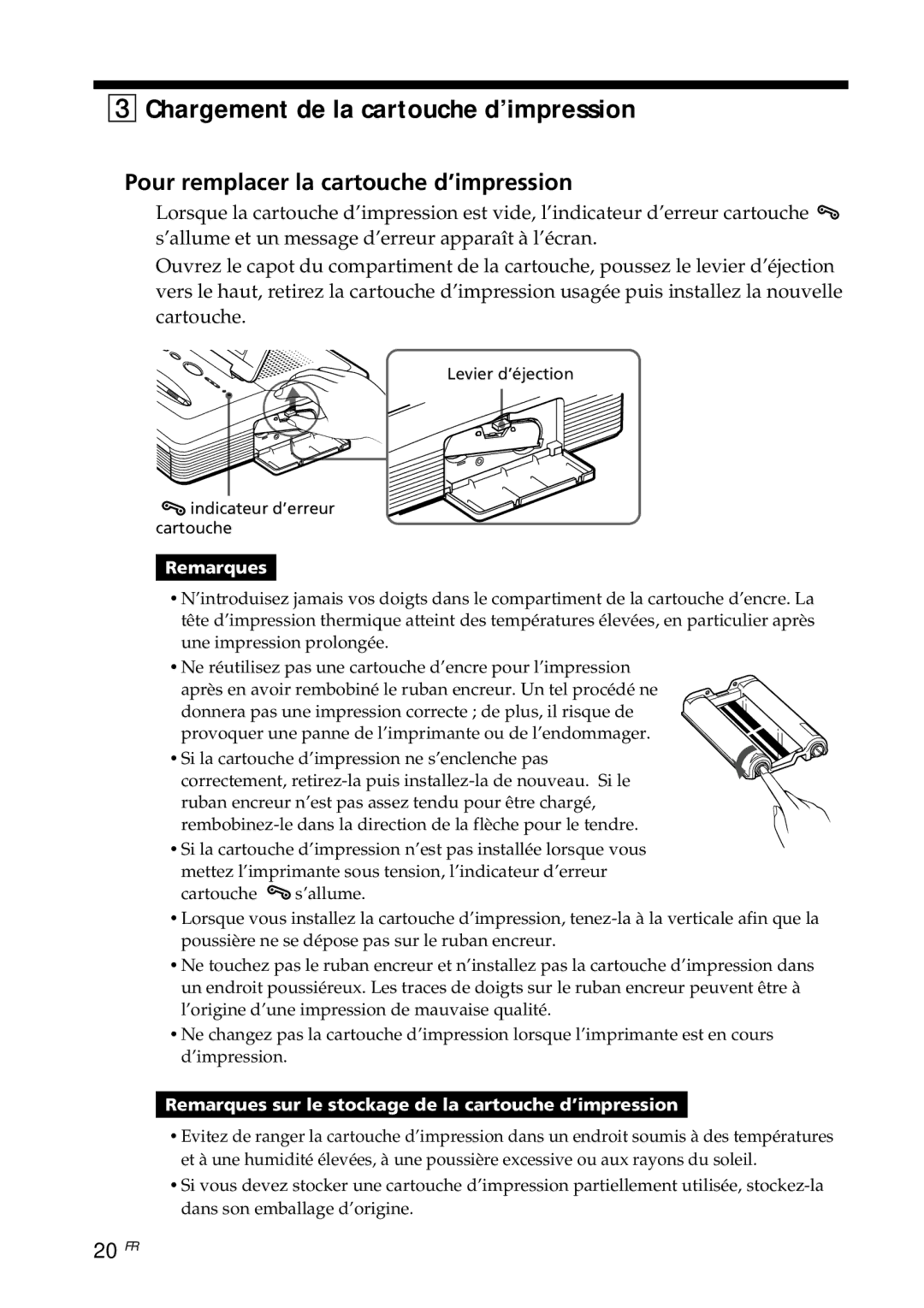 Sony DPP--SV77 Chargement de la cartouche d’impression, Pour remplacer la cartouche d’impression, 20 FR 