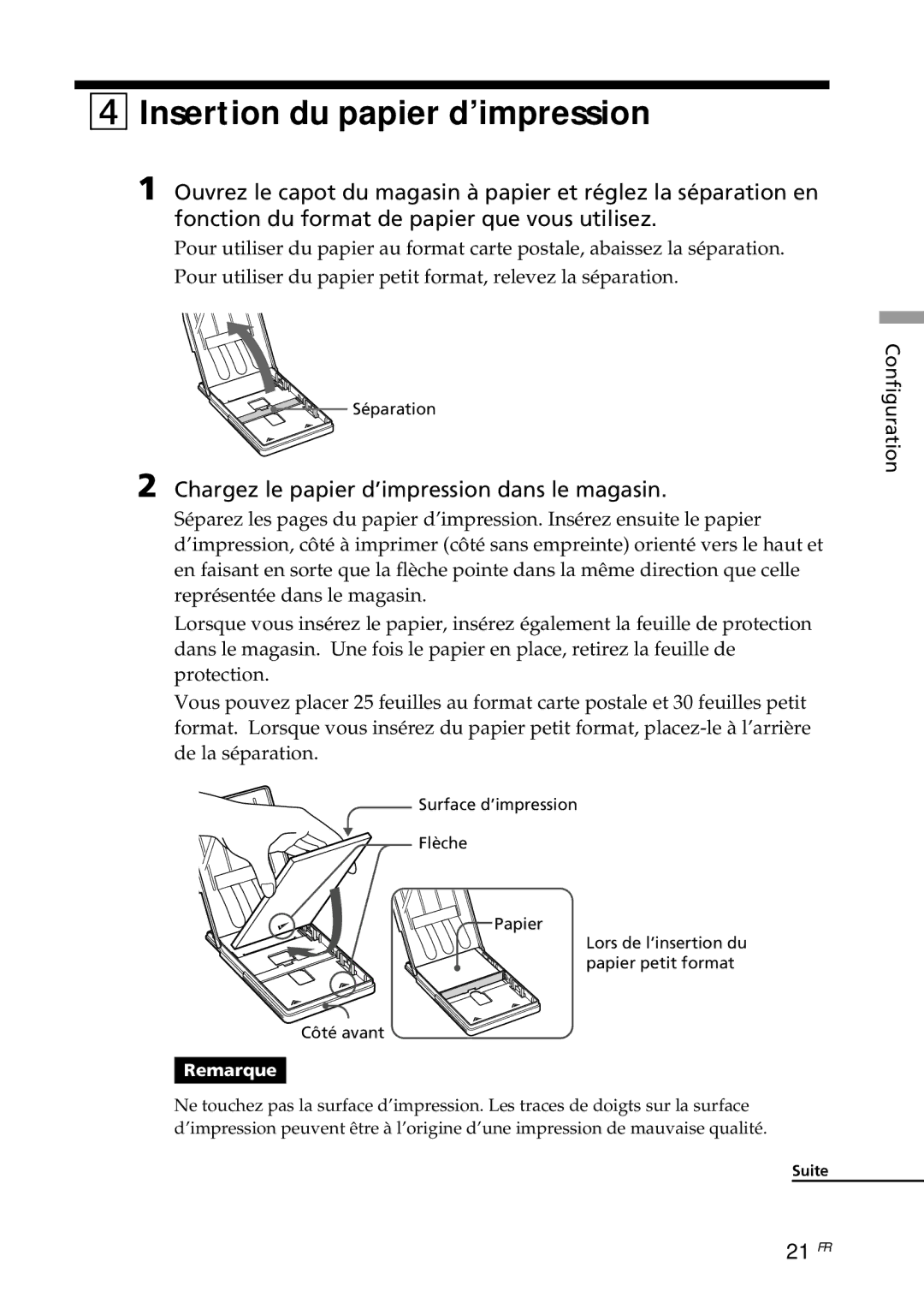 Sony DPP--SV77 Insertion du papier d’impression, Chargez le papier d’impression dans le magasin, 21 FR 