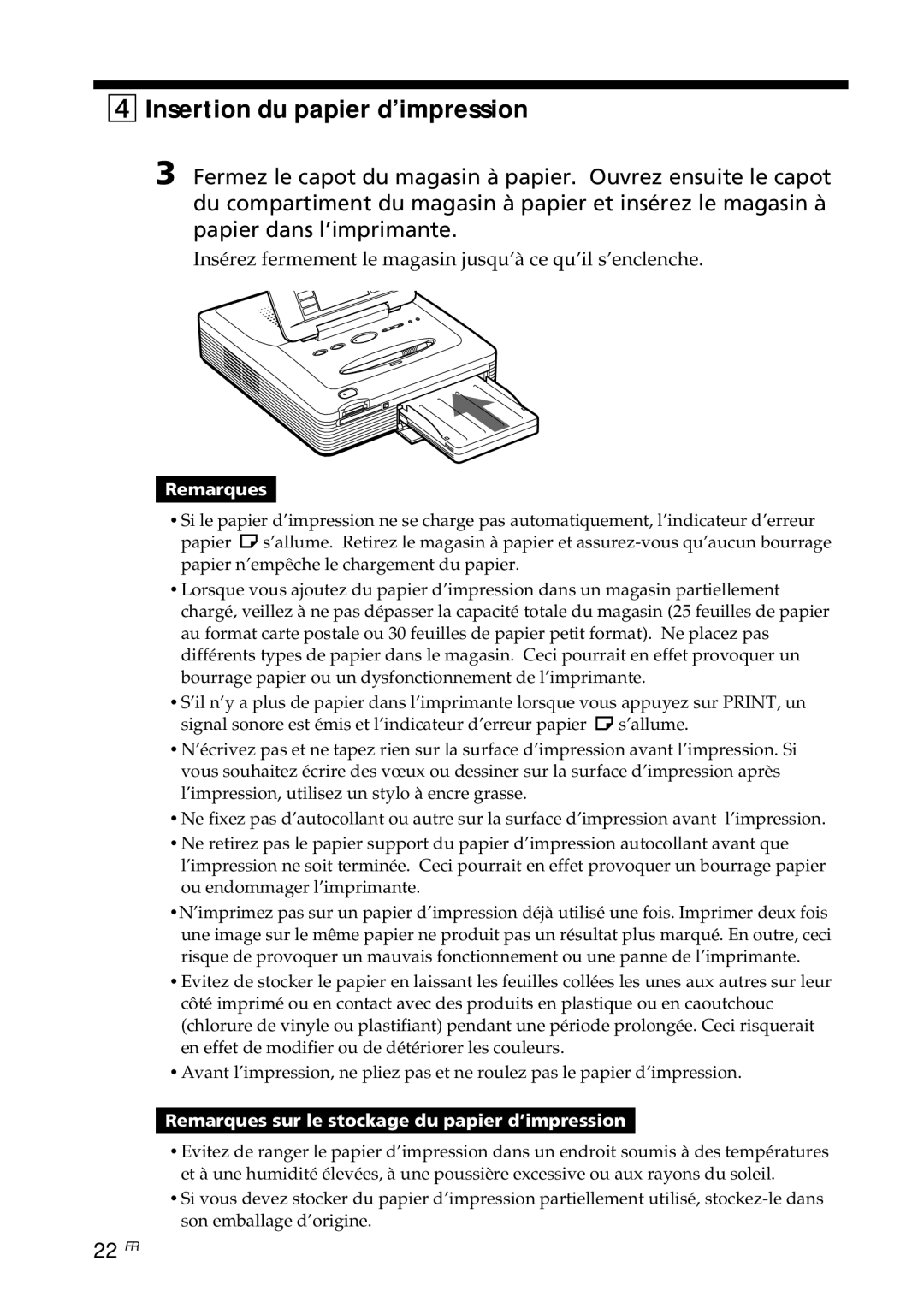 Sony DPP--SV77 Insertion du papier d’impression, 22 FR, Insérez fermement le magasin jusqu’à ce qu’il s’enclenche 