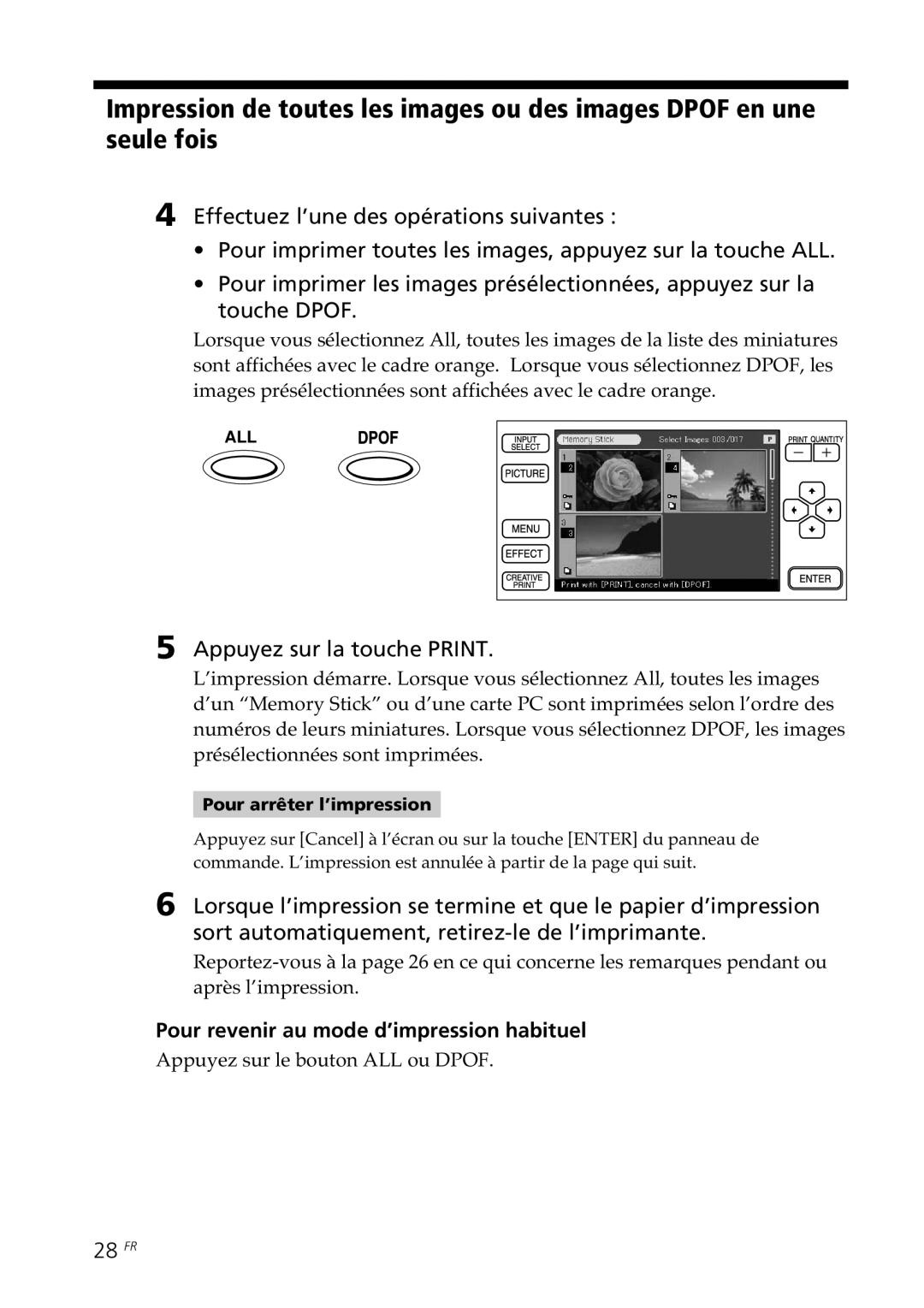 Sony DPP--SV77 operating instructions Pour revenir au mode d’impression habituel, 28 FR, Appuyez sur le bouton ALL ou Dpof 