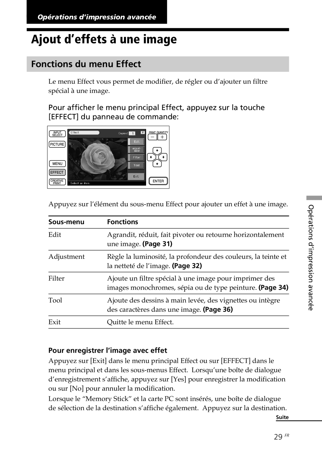 Sony DPP--SV77 Ajout d’effets à une image, Fonctions du menu Effect, Pour enregistrer l’image avec effet, 29 FR 