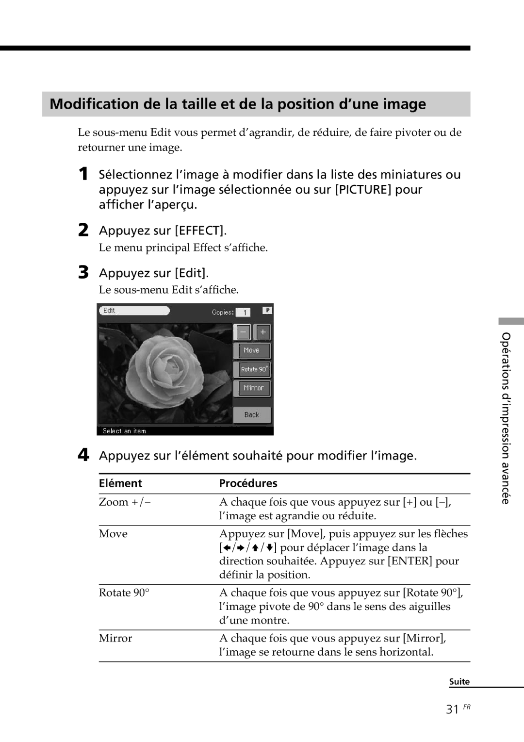 Sony DPP--SV77 Modification de la taille et de la position d’une image, Appuyez sur Edit, 31 FR, Elément Procédures 