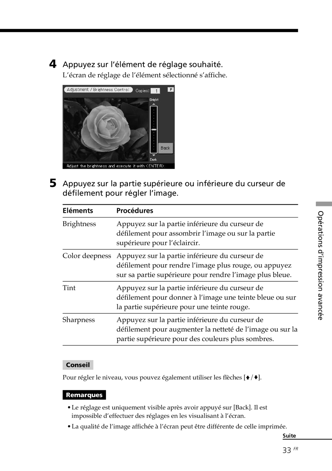 Sony DPP--SV77 Appuyez sur l’élément de réglage souhaité, 33 FR, ’écran de réglage de l’élément sélectionné s’affiche 