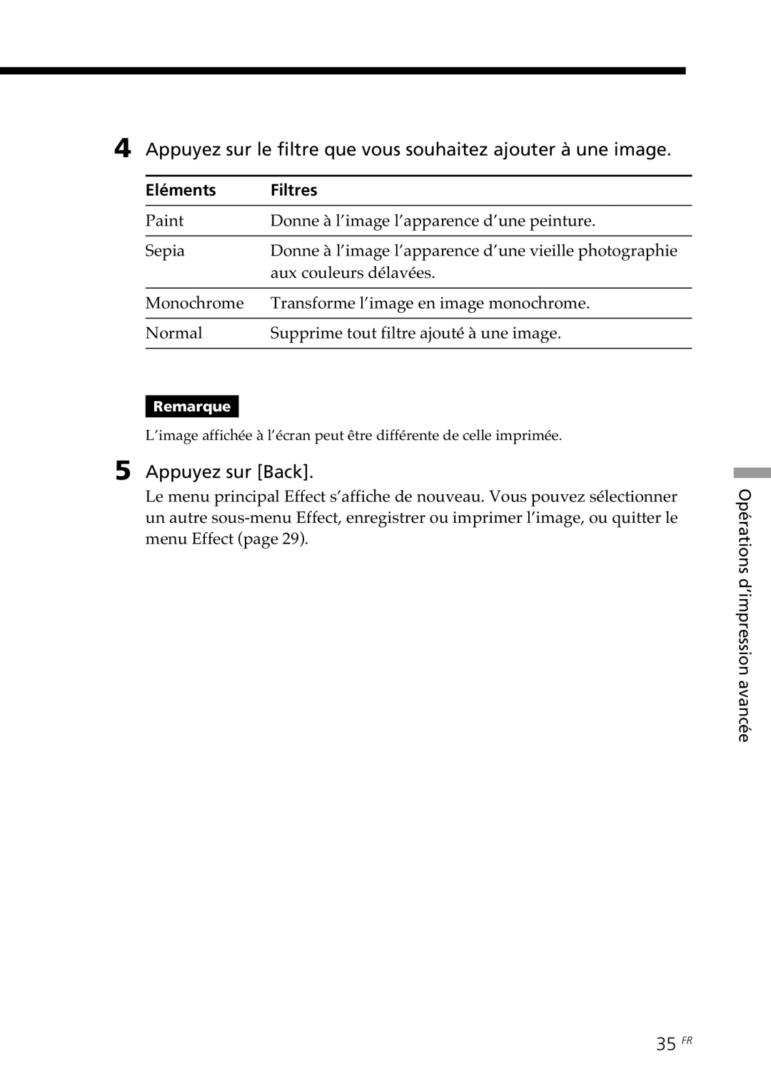 Sony DPP--SV77 operating instructions 35 FR, Eléments Filtres 