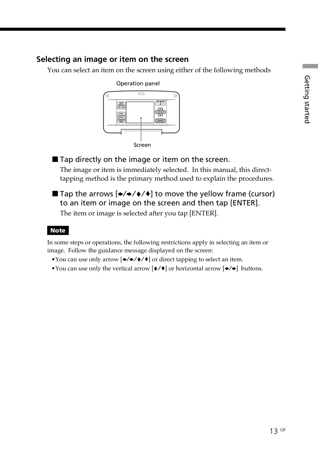 Sony DPP--SV77 Selecting an image or item on the screen, Tap directly on the image or item on the screen, 13 GB 