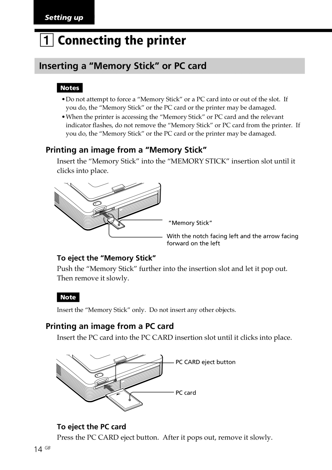 Sony DPP--SV77 Connecting the printer, Inserting a Memory Stick or PC card, Printing an image from a Memory Stick 