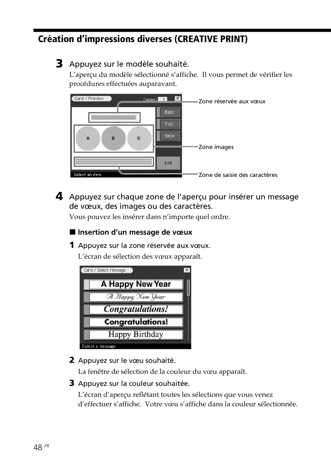 Sony DPP--SV77 operating instructions Appuyez sur le modèle souhaité, Insertion d’un message de vœux, 48 FR 