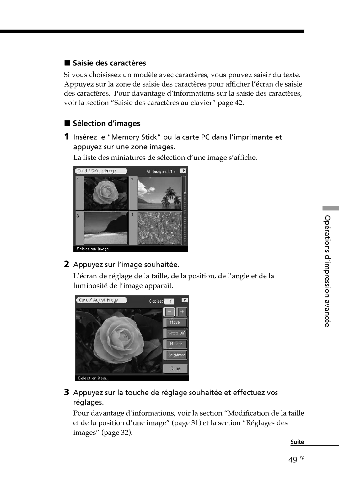 Sony DPP--SV77 operating instructions Saisie des caractères, Sélection d’images, 49 FR 