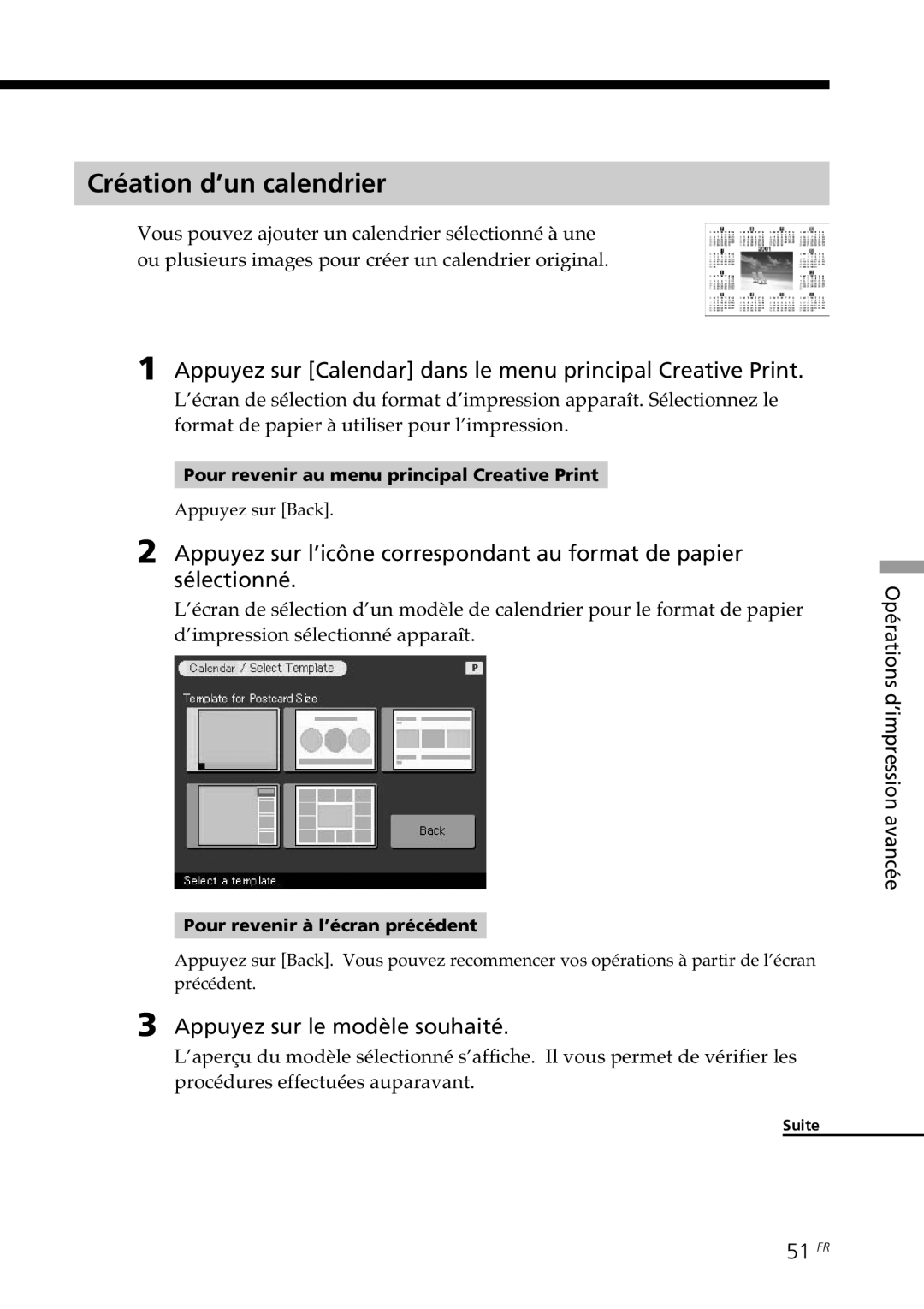 Sony DPP--SV77 Création d’un calendrier, Appuyez sur Calendar dans le menu principal Creative Print, 51 FR 