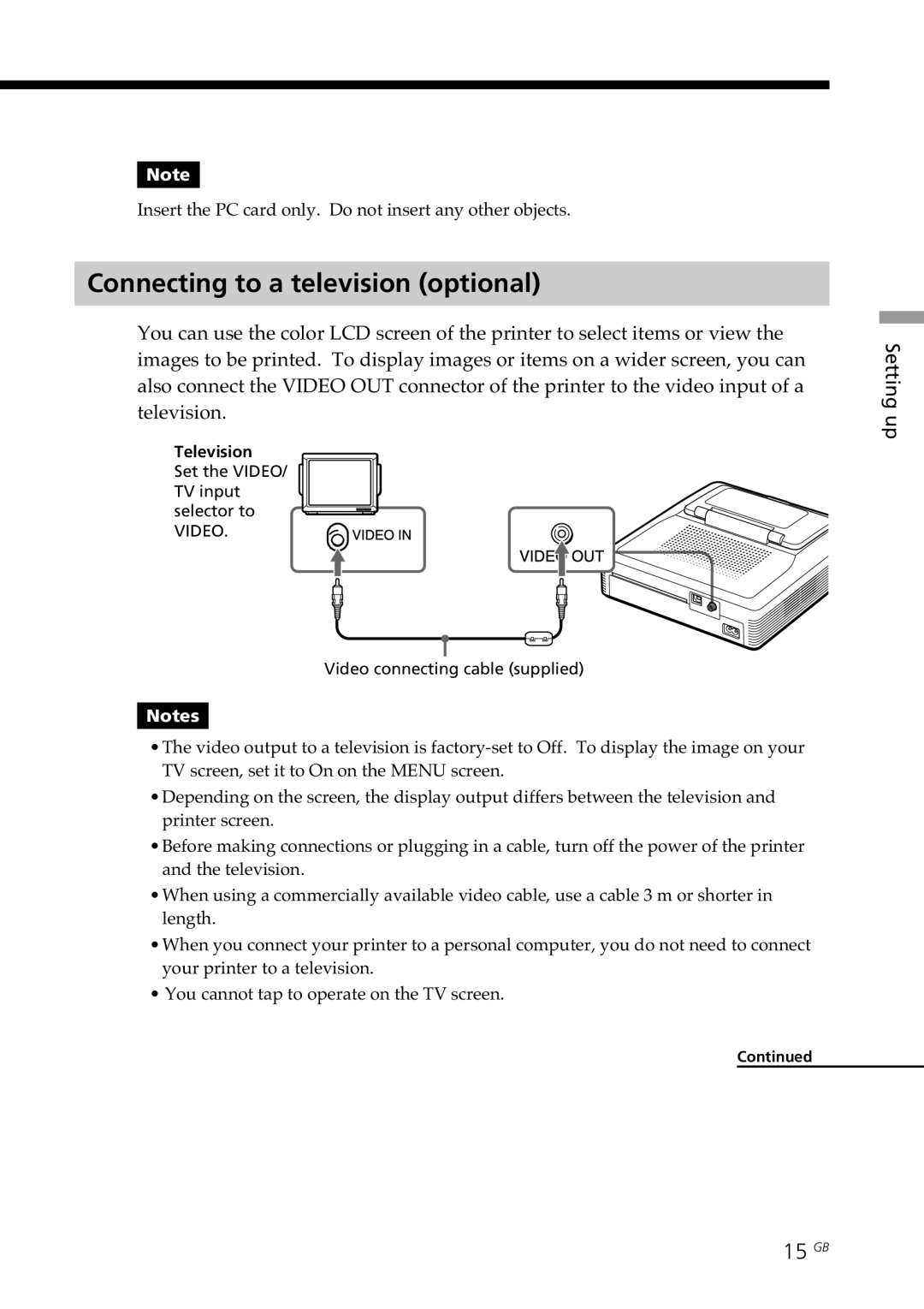 Sony DPP--SV77 operating instructions Connecting to a television optional, 15 GB 