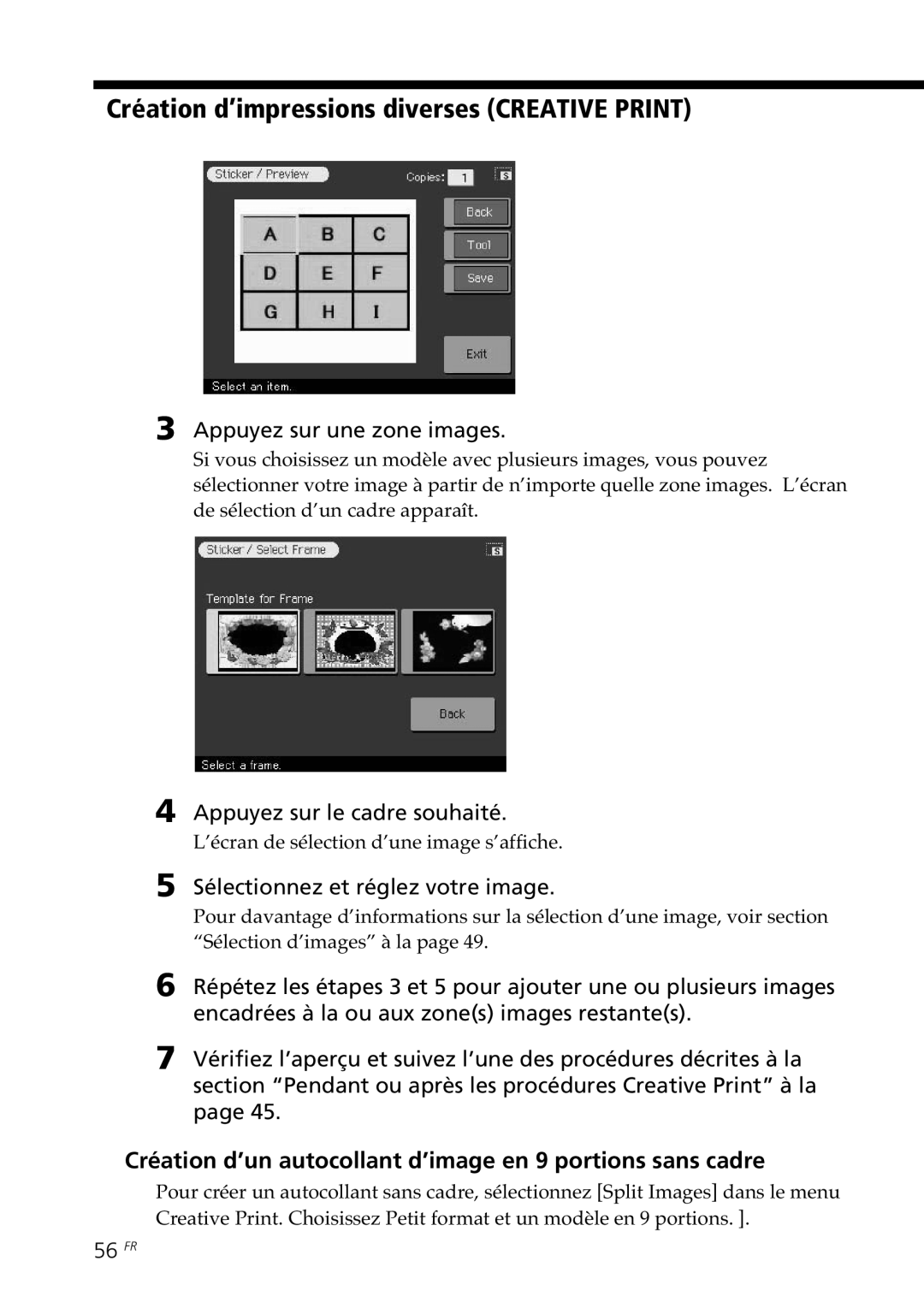 Sony DPP--SV77 Création d’un autocollant d’image en 9 portions sans cadre, Appuyez sur le cadre souhaité, 56 FR 