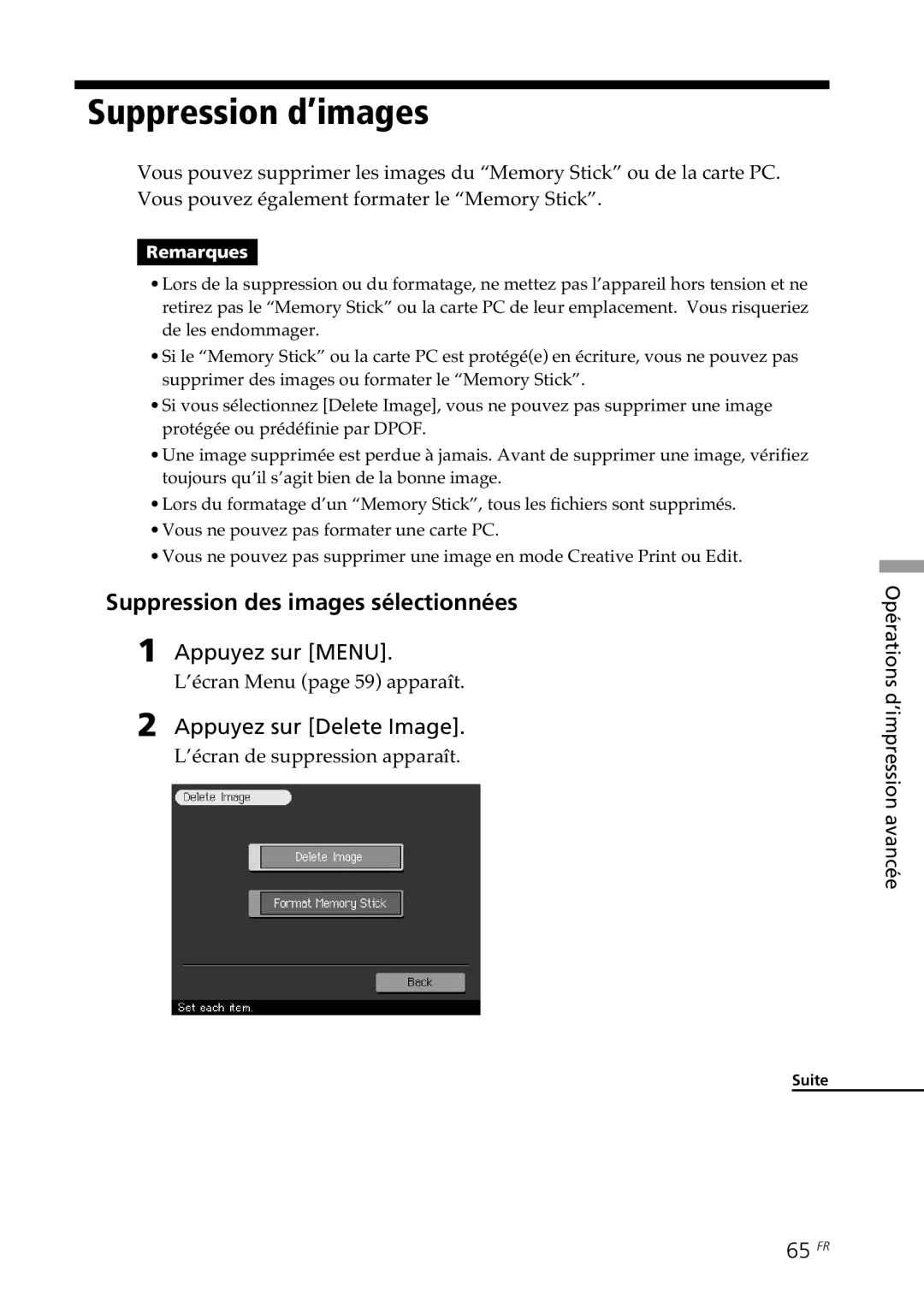 Sony DPP--SV77 Suppression d’images, Suppression des images sélectionnées, Appuyez sur Delete Image, 65 FR 
