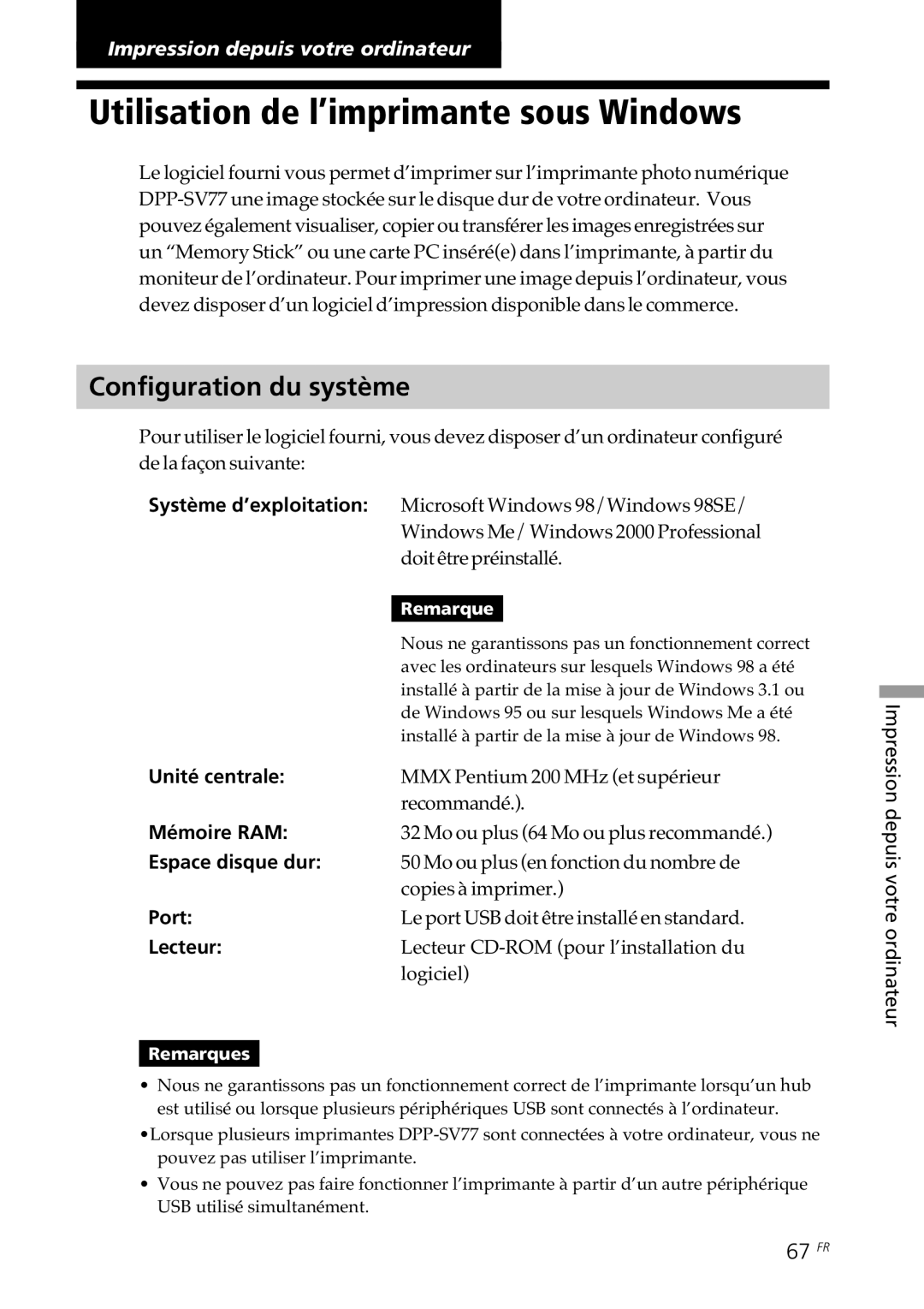 Sony DPP--SV77 operating instructions Utilisation de l’imprimante sous Windows, Configuration du système, 67 FR 