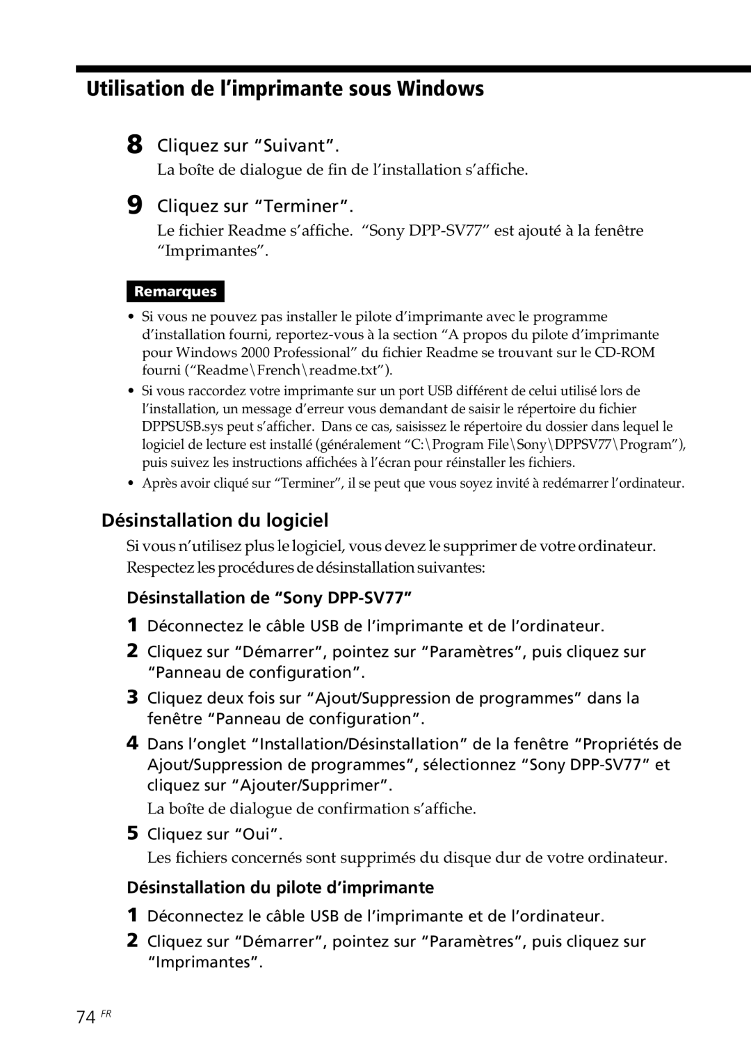 Sony DPP--SV77 Désinstallation du logiciel, Désinstallation de Sony DPP-SV77, Désinstallation du pilote d’imprimante 