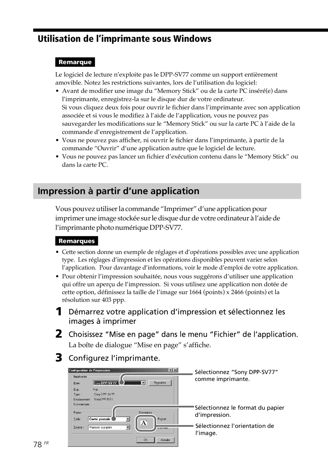 Sony DPP--SV77 operating instructions Impression à partir d’une application, Configurez l’imprimante, 78 FR 