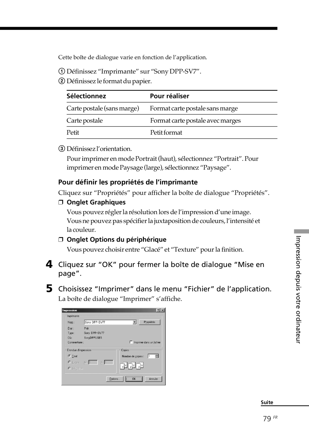 Sony DPP--SV77 Pour définir les propriétés de l’imprimante, 79 FR, Sélectionnez Pour réaliser, Onglet Graphiques 