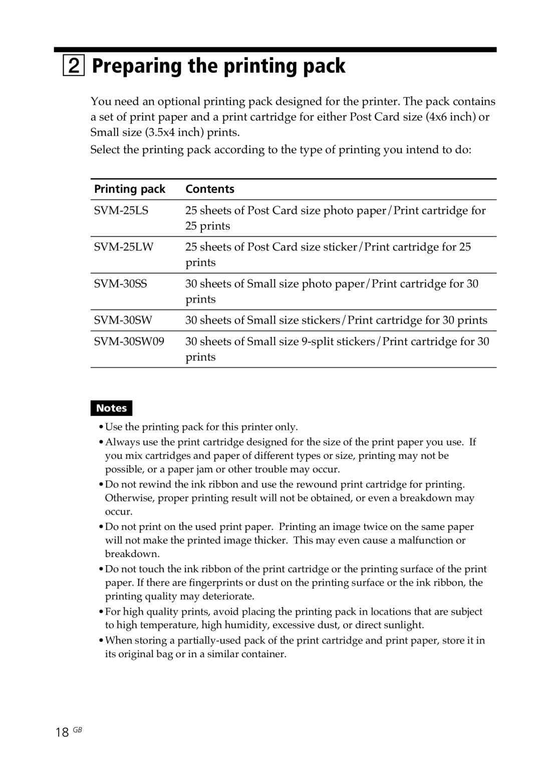 Sony DPP--SV77 operating instructions Preparing the printing pack, 18 GB, Printing pack Contents 