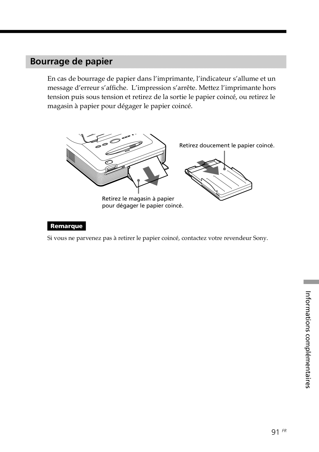 Sony DPP--SV77 operating instructions Bourrage de papier, 91 FR 