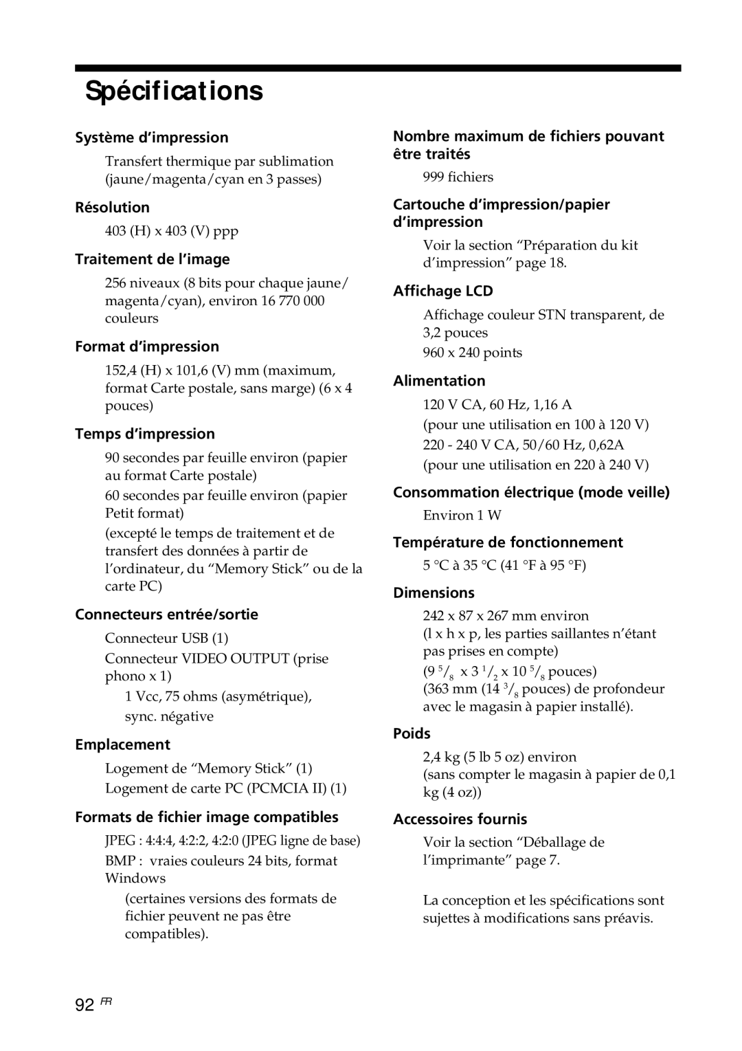 Sony DPP--SV77 operating instructions Spécifications, 92 FR 