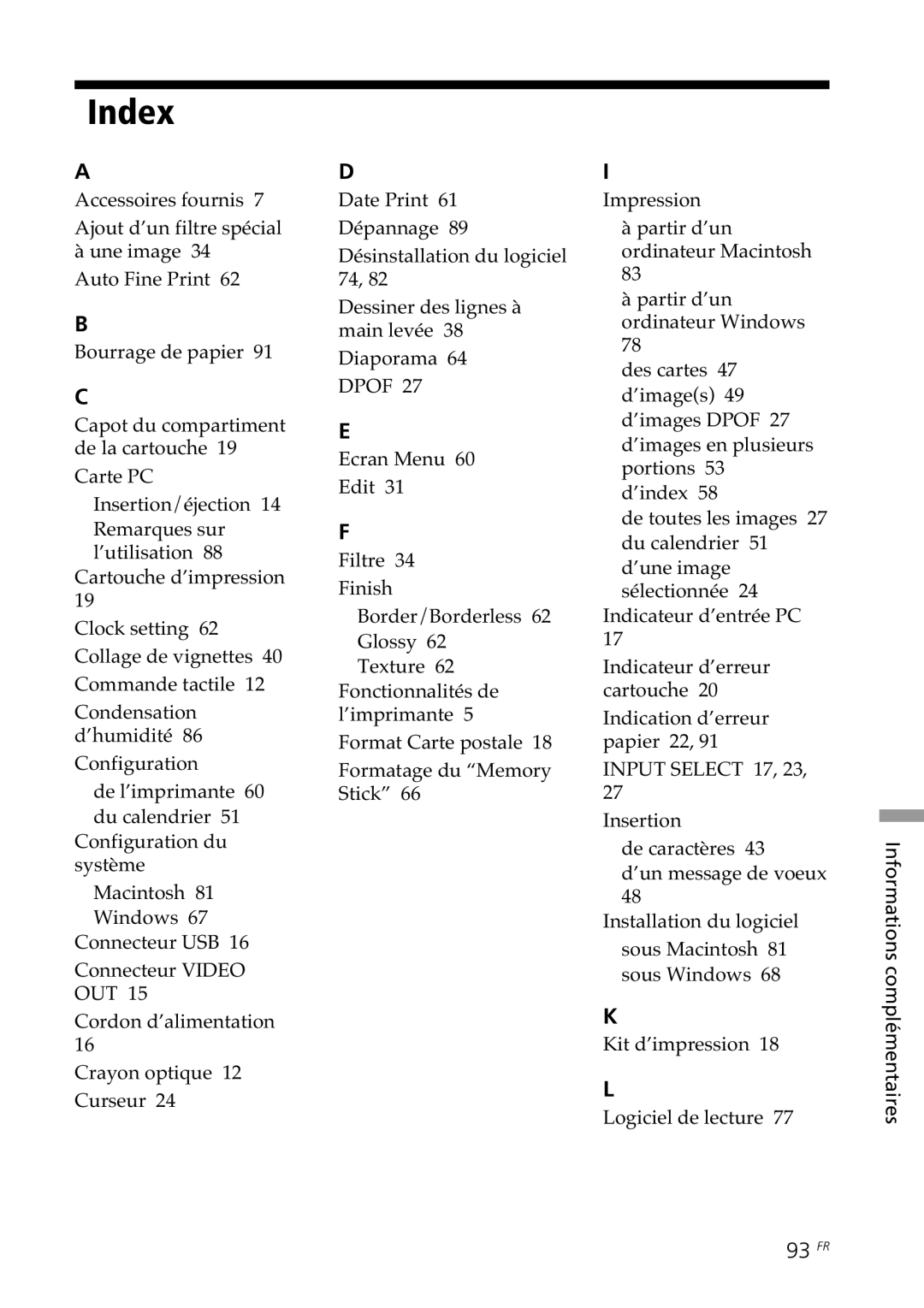 Sony DPP--SV77 operating instructions Index, 93 FR 