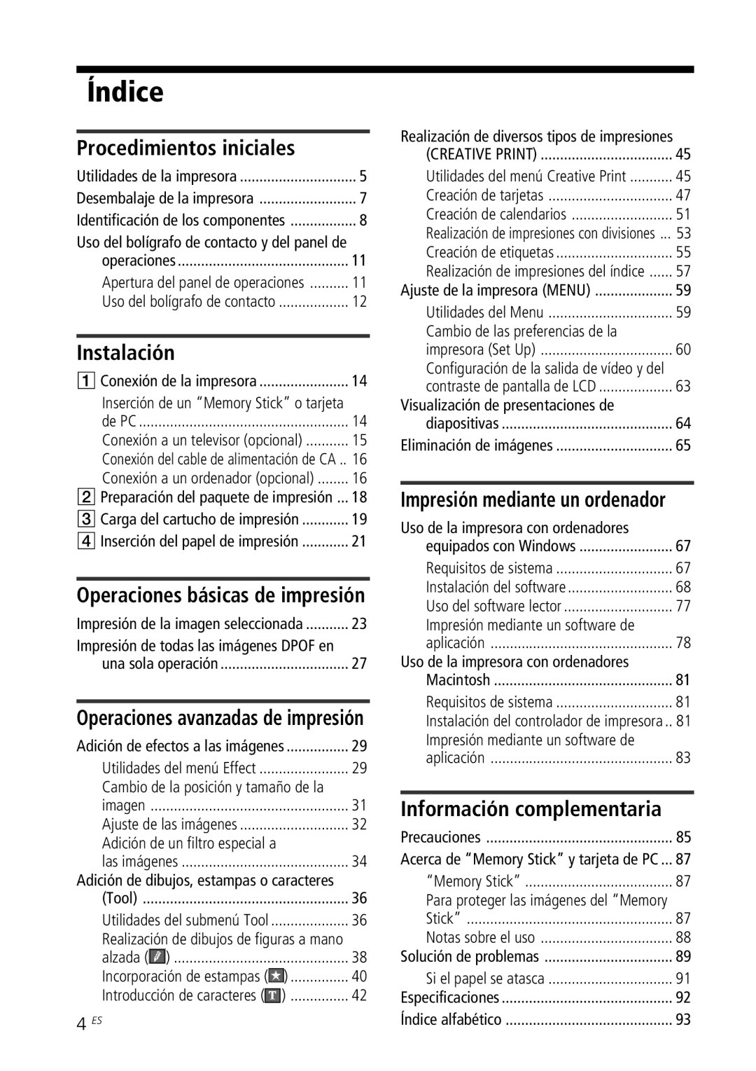 Sony DPP--SV77 operating instructions Índice, Procedimientos iniciales, Instalación, Operaciones básicas de impresión 