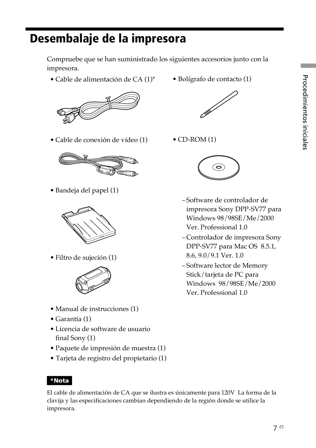 Sony DPP--SV77 operating instructions Desembalaje de la impresora, Procedimientos 