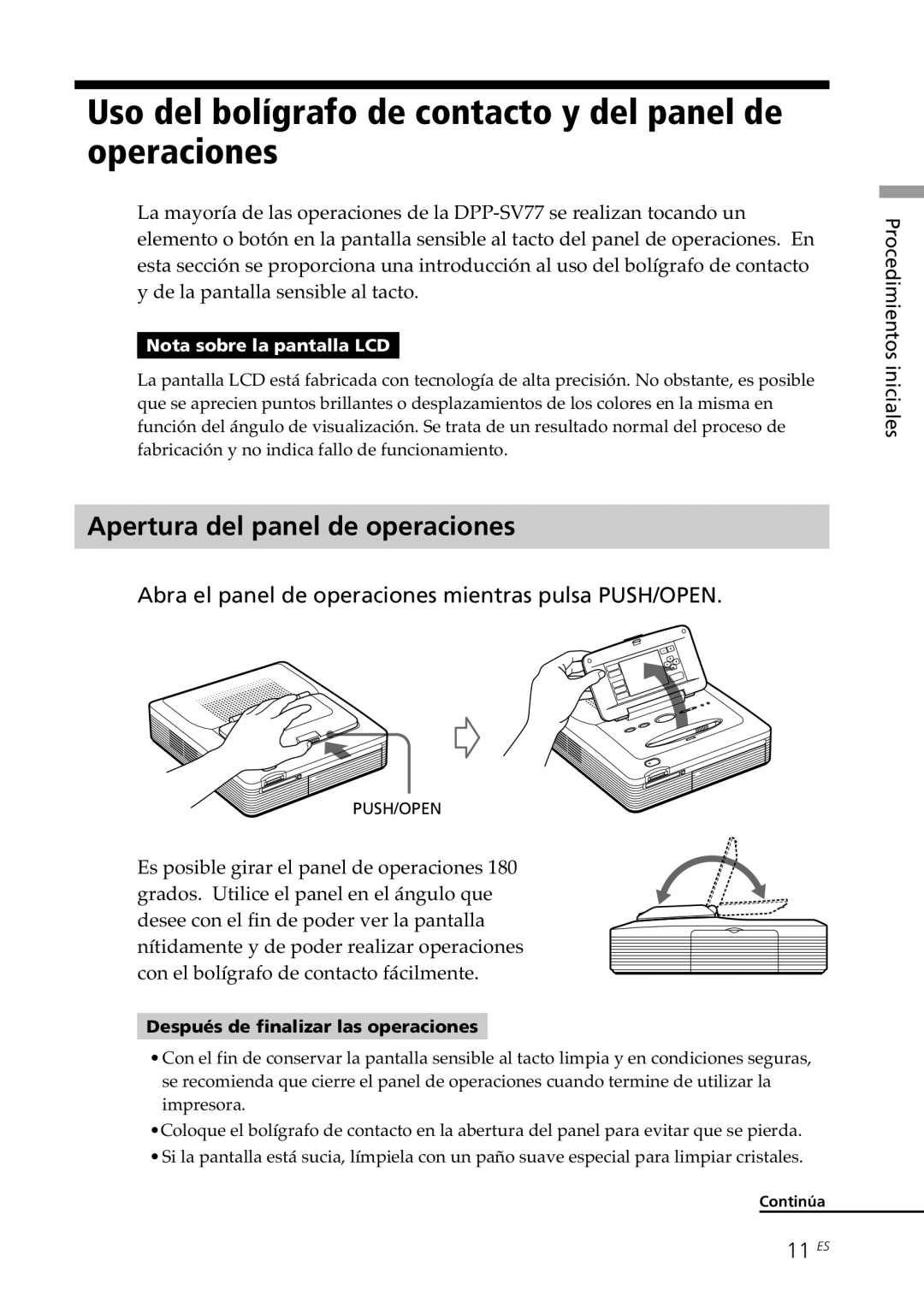 Sony DPP--SV77 Uso del bolígrafo de contacto y del panel de operaciones, Apertura del panel de operaciones, 11 ES 