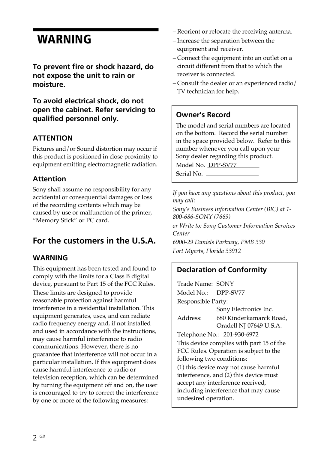 Sony DPP--SV77 operating instructions Owner’s Record, Declaration of Conformity 